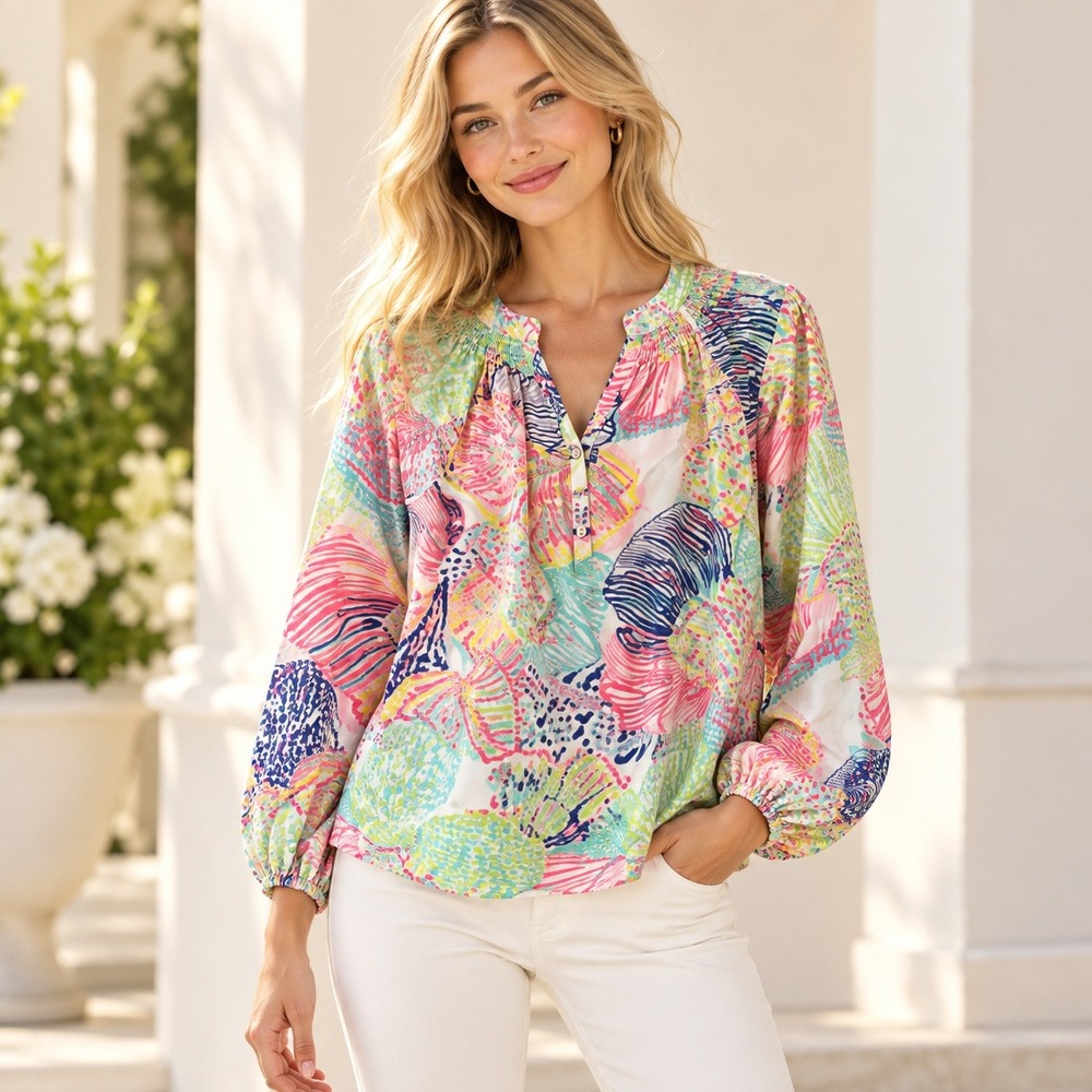Lilly Pulitzer Elsa 100% Silk Blouse Womens XS Pink Green Abstract Smocked Top